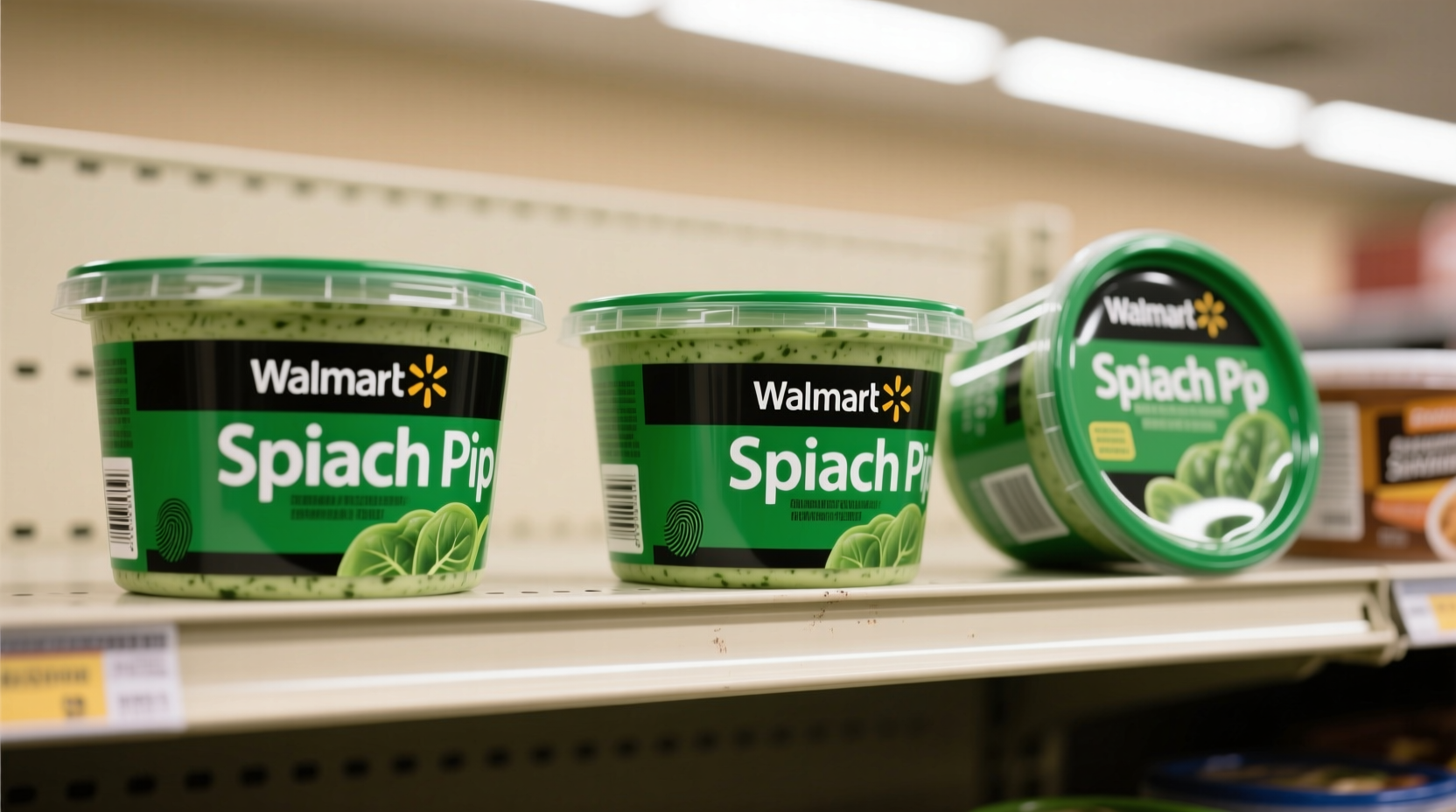 Three Walmart spinach dip varieties on grocery shelf