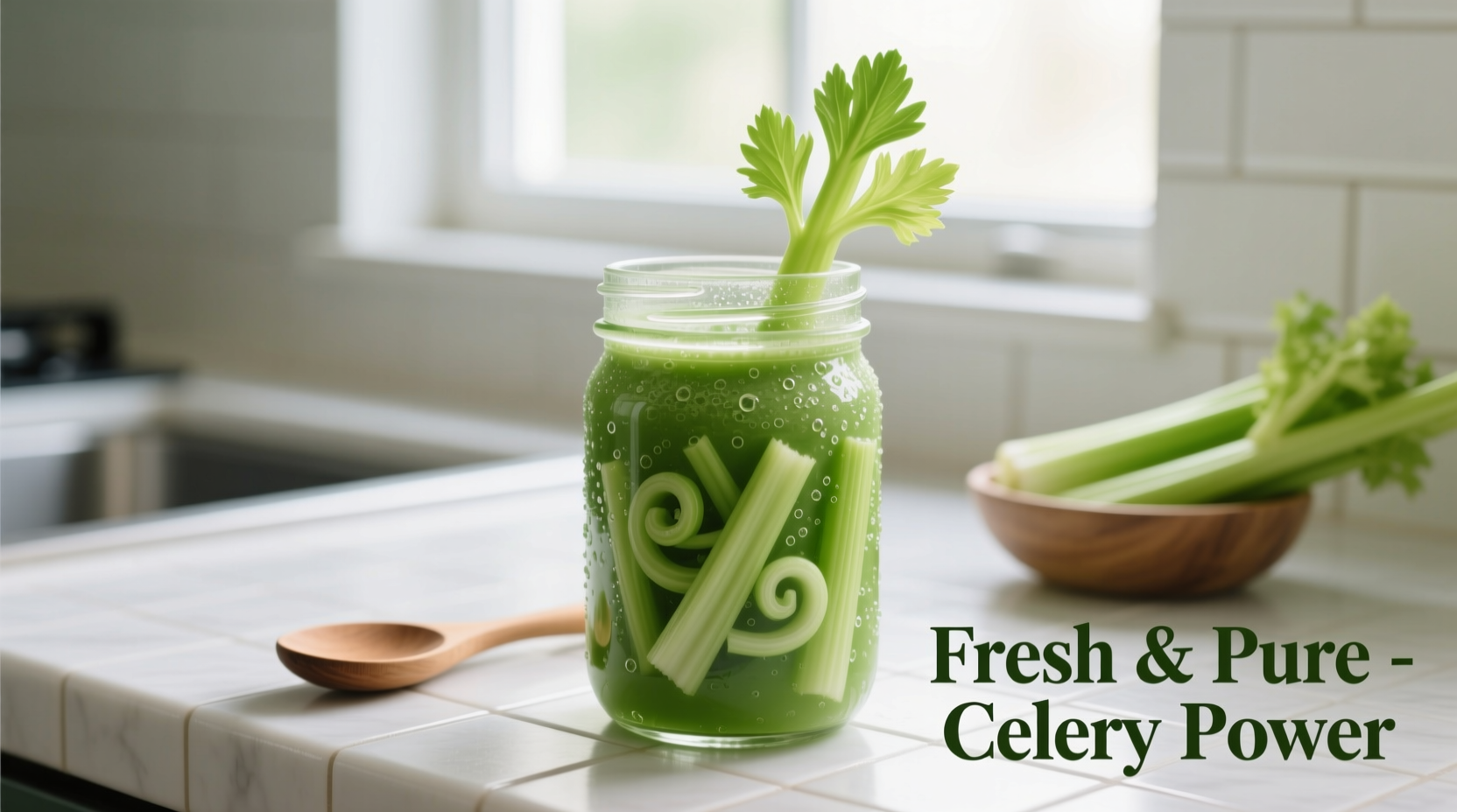 Fresh celery stalks in green smoothie