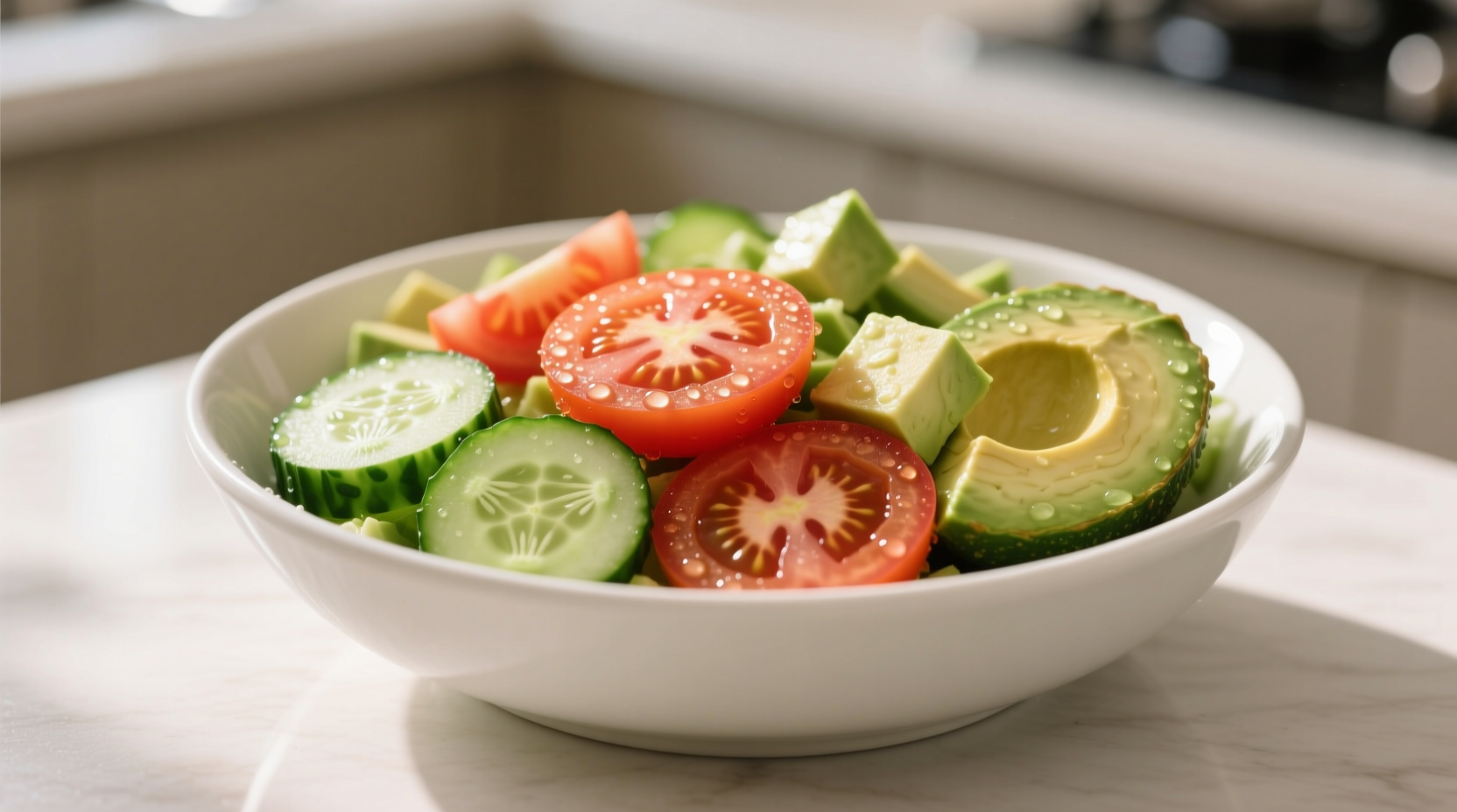 Fresh cucumber tomato avocado salad in white bowl