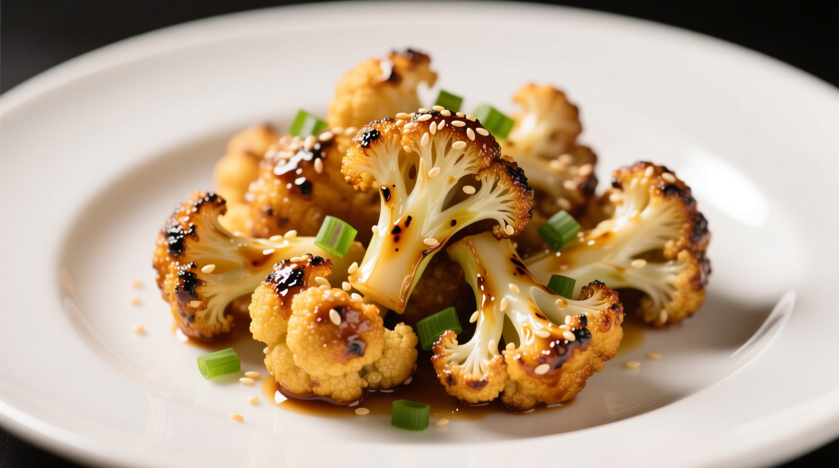 Crispy golden bang bang cauliflower on white plate