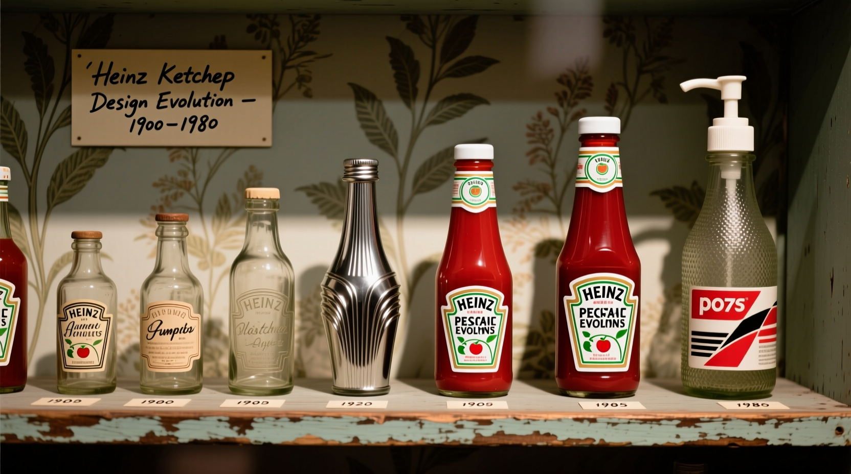 Vintage Heinz ketchup bottle collection showing design evolution