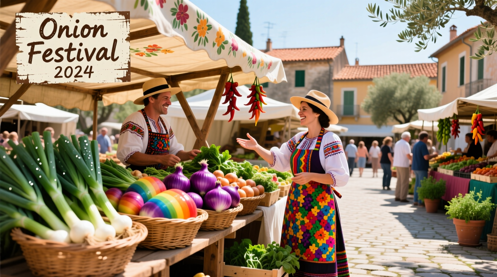 Colorful onion festival marketplace with vendors selling fresh produce