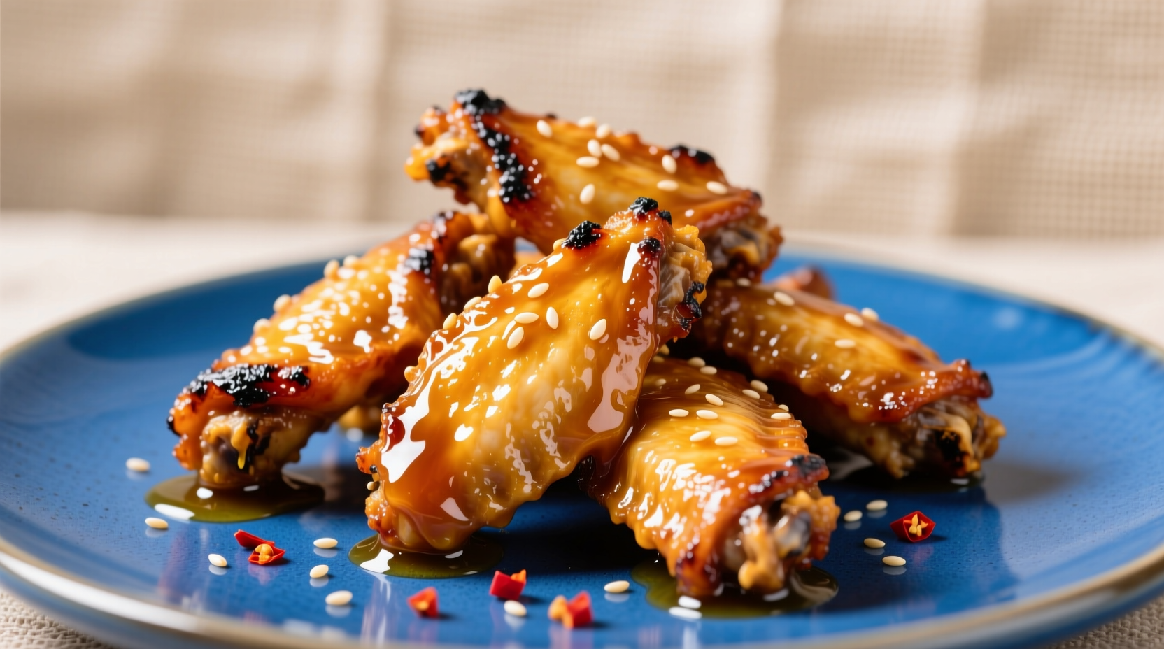 Crispy honey garlic buffalo wings on blue plate