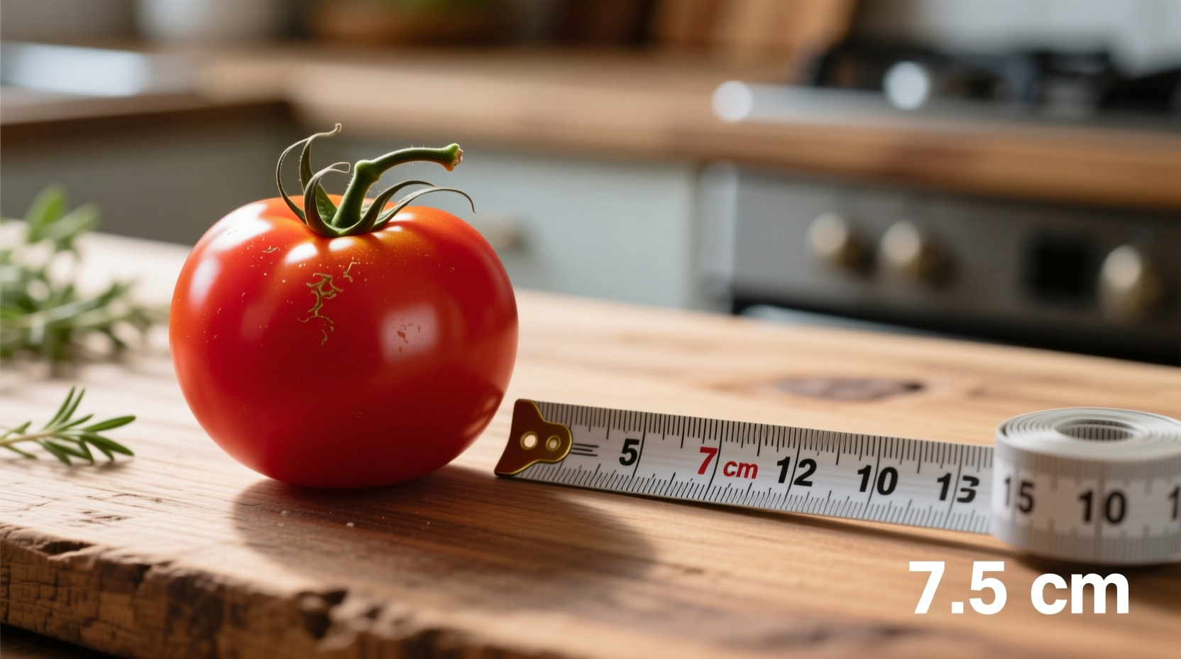 Medium tomato next to measuring tape showing size