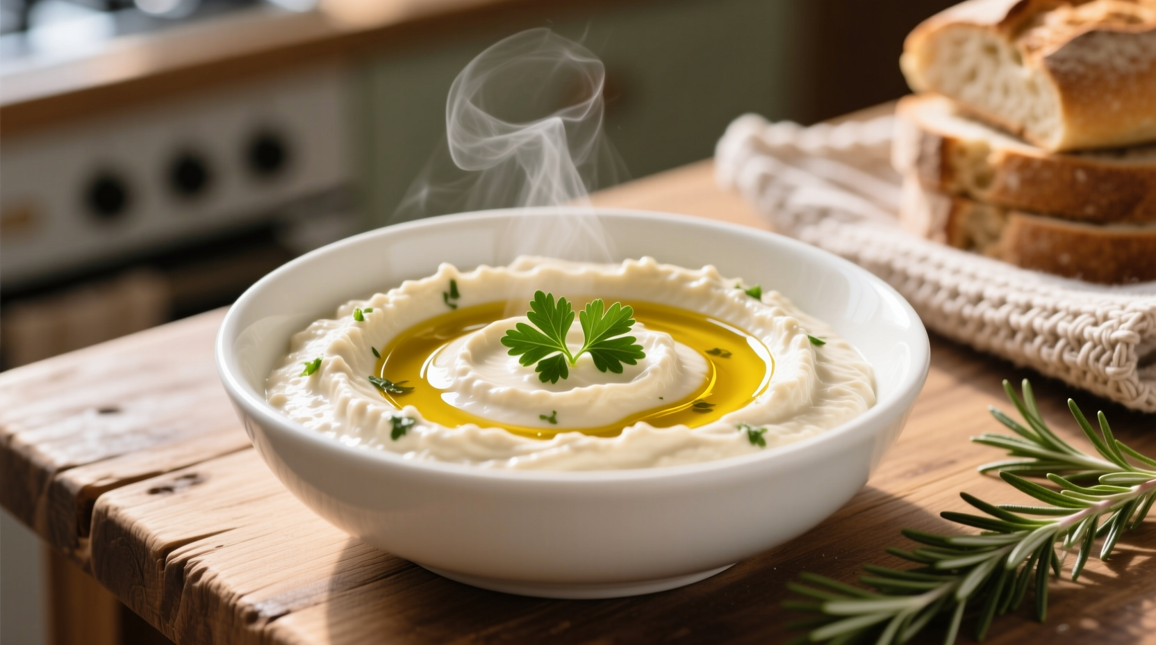 Creamy cauliflower tahini dip in white bowl