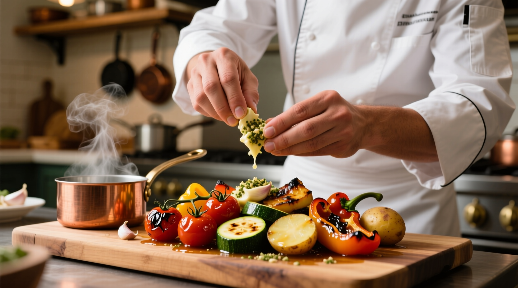 Chef bereitet Gemüse mit Knoblauchbutter zu