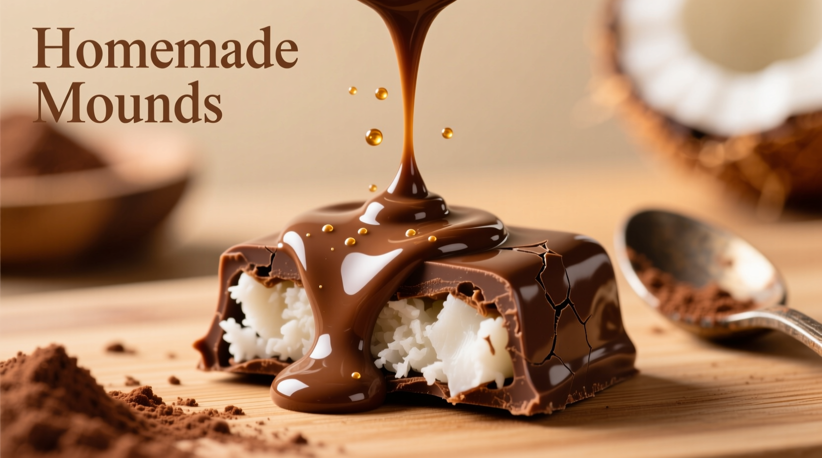Close-up of melted chocolate coating homemade Mounds bars