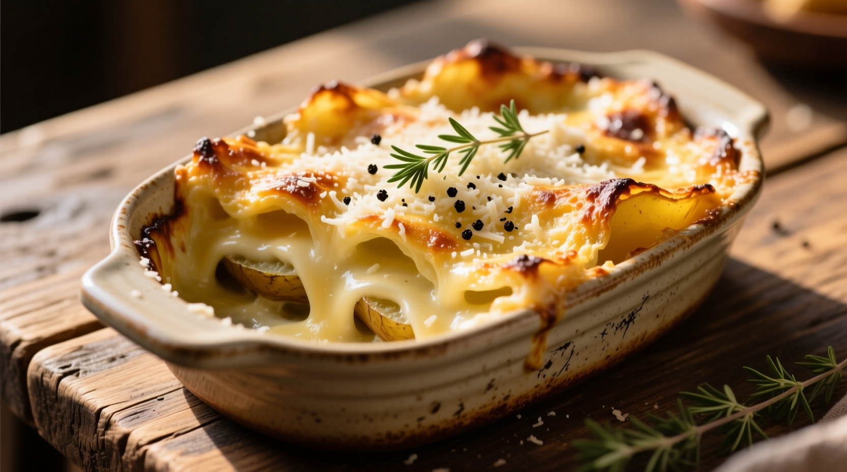 Golden baked scalloped potatoes in ceramic dish