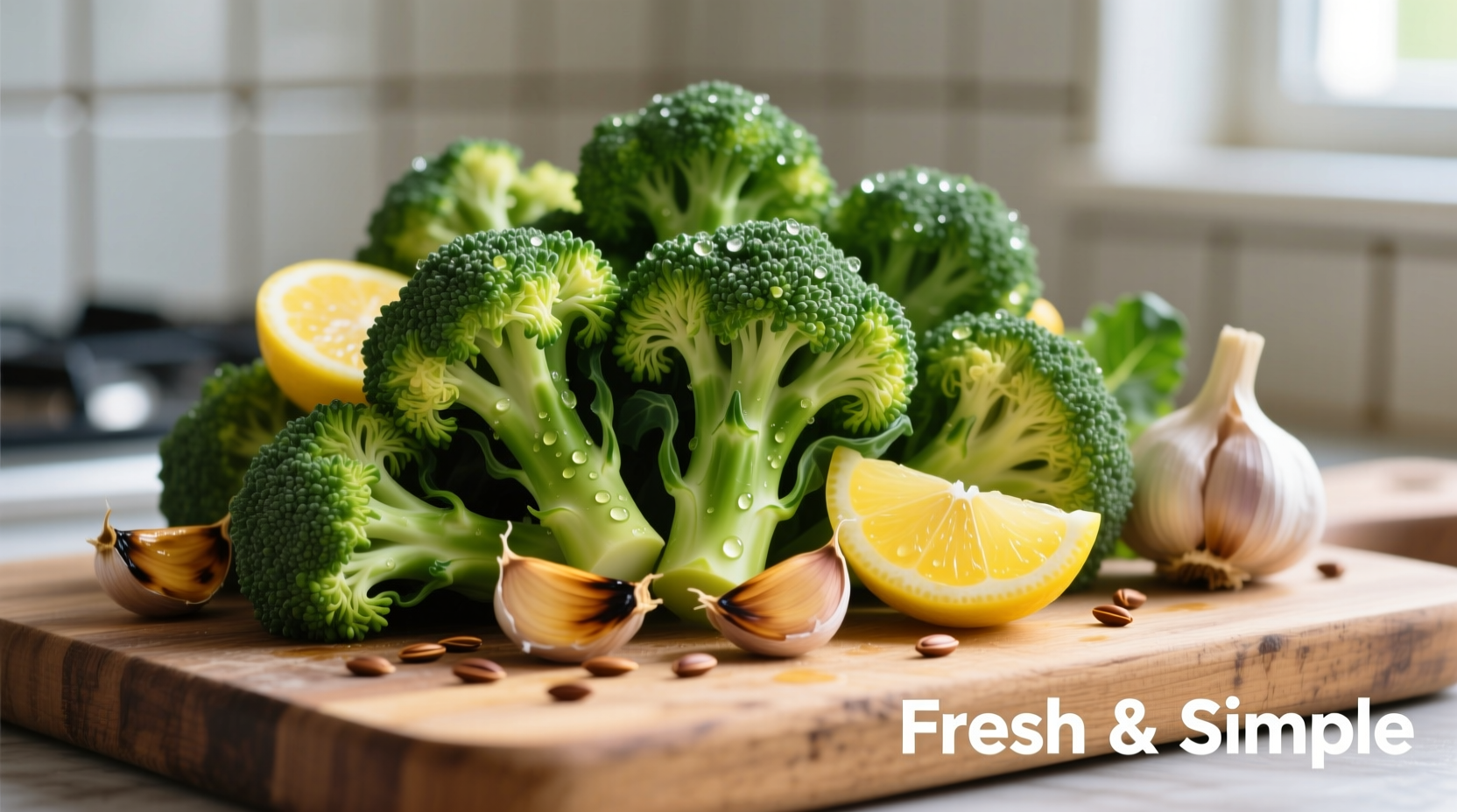 Crisp broccoli florets with lemon slices and garlic cloves