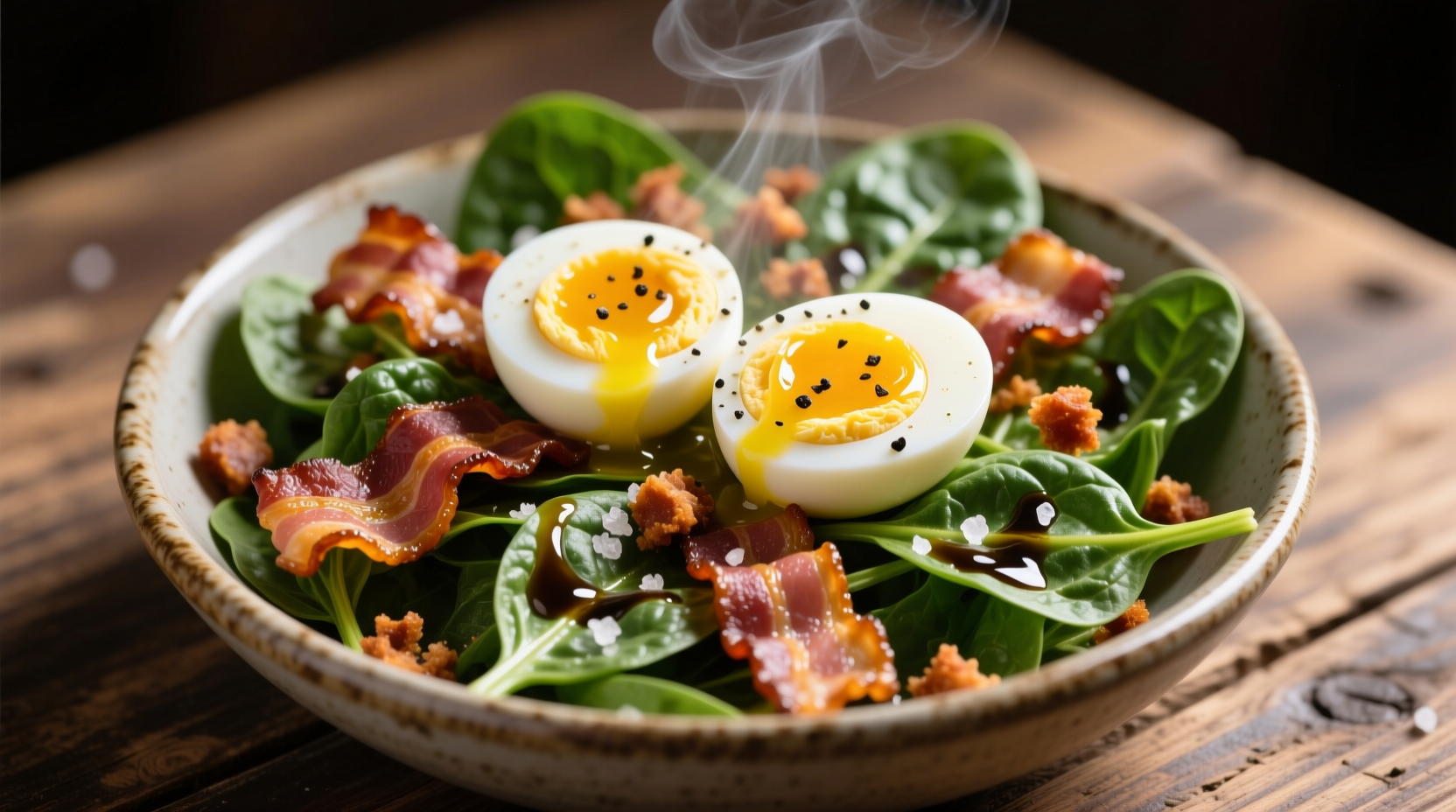 Hot spinach salad with crispy bacon and hard-boiled eggs