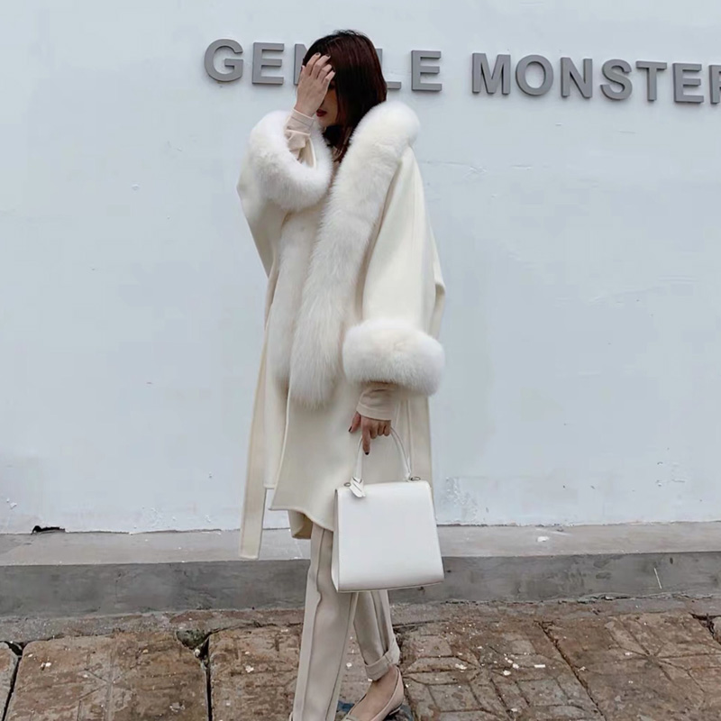 CX-G-T-30 Winter Trend  Women Wool Coat Real Fox Fur Collar Jacket Cashmere Trench Cape Coat