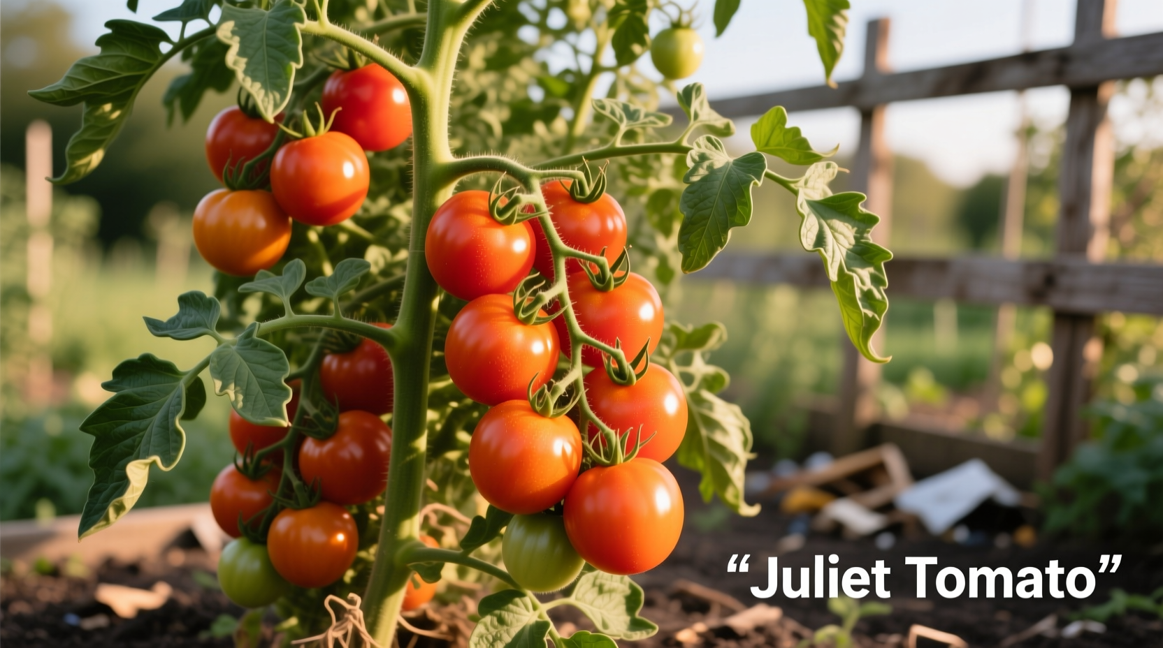 Healthy Juliet tomato plants with clusters of orange-red fruits