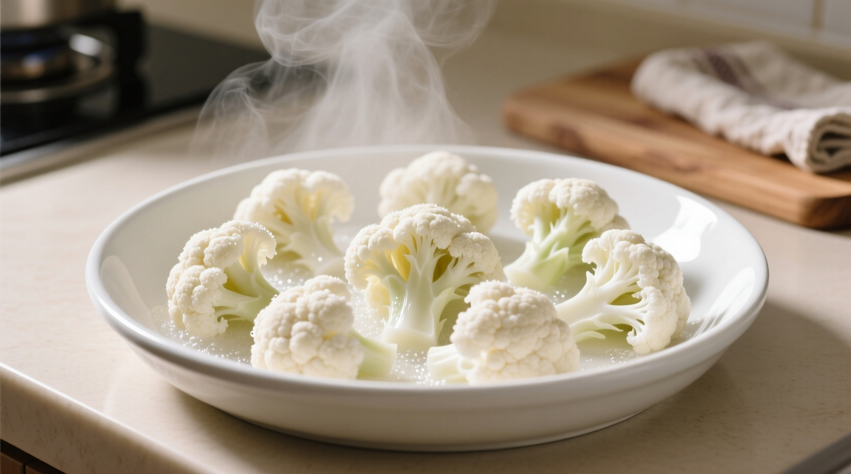 Perfectly steamed cauliflower florets in microwave-safe dish