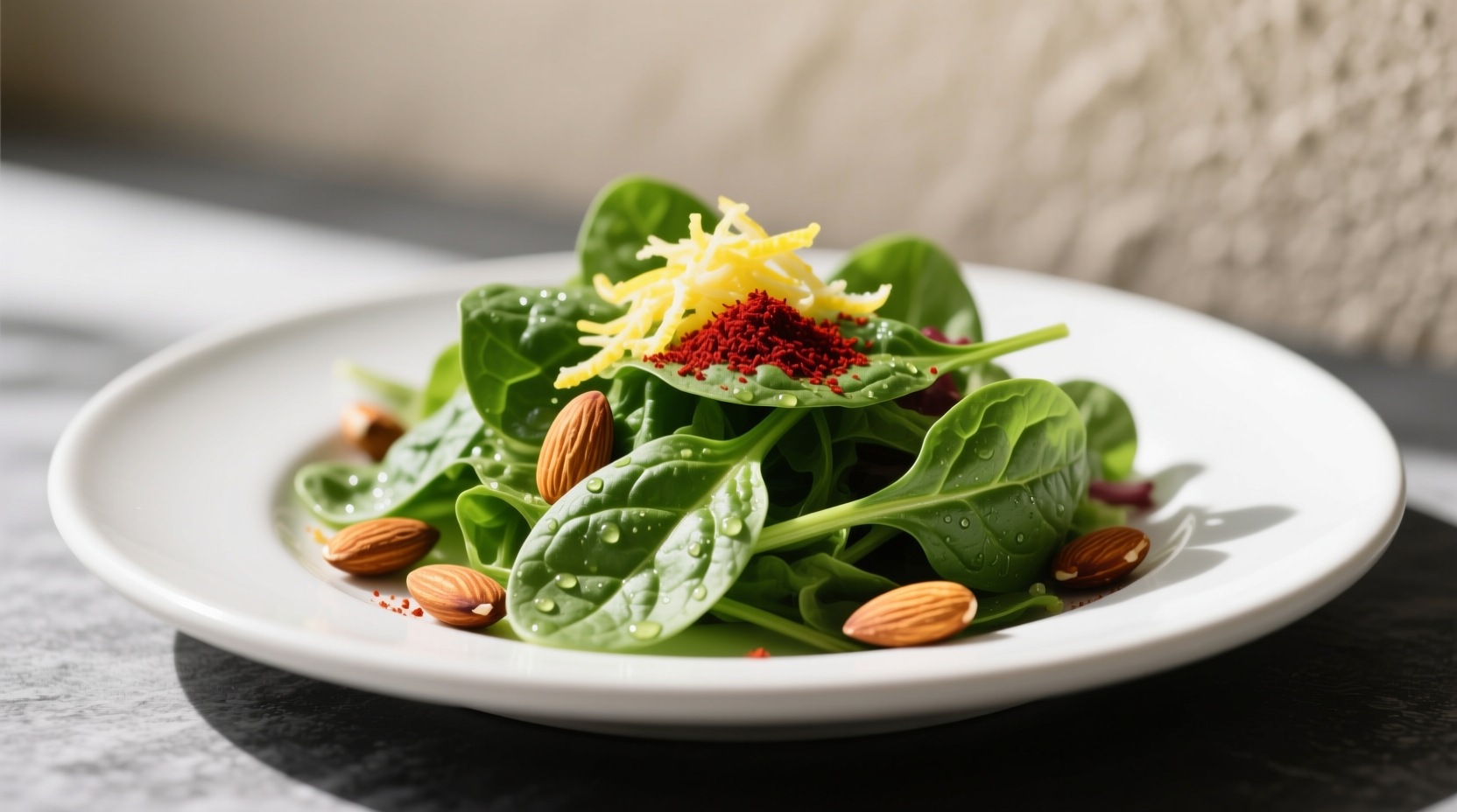 Vibrant spinach salad with sumac, lemon zest, and toasted almonds on ceramic plate