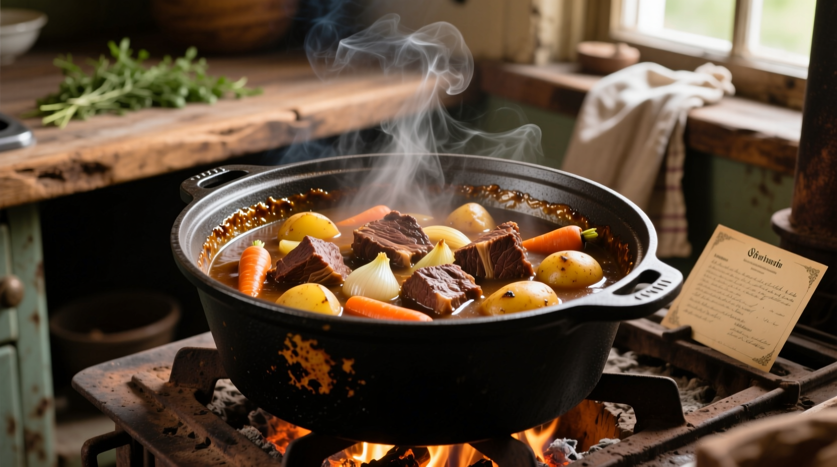 Hearty beef stew simmering in cast iron pot