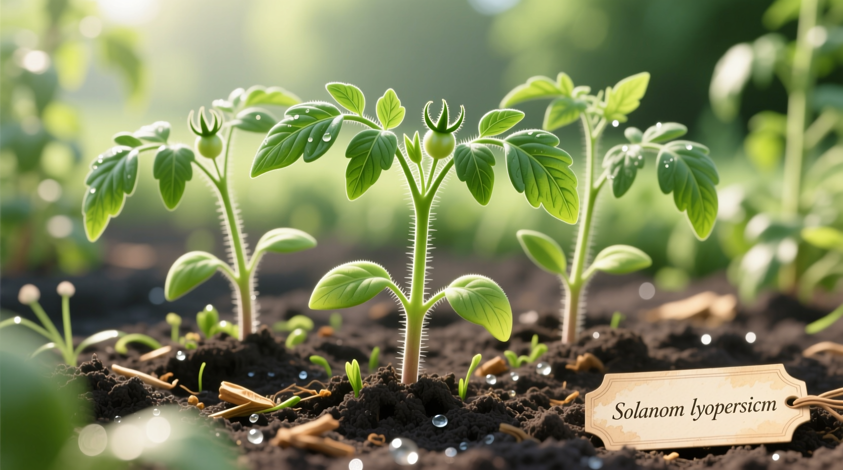 Healthy tomato seedlings in garden bed