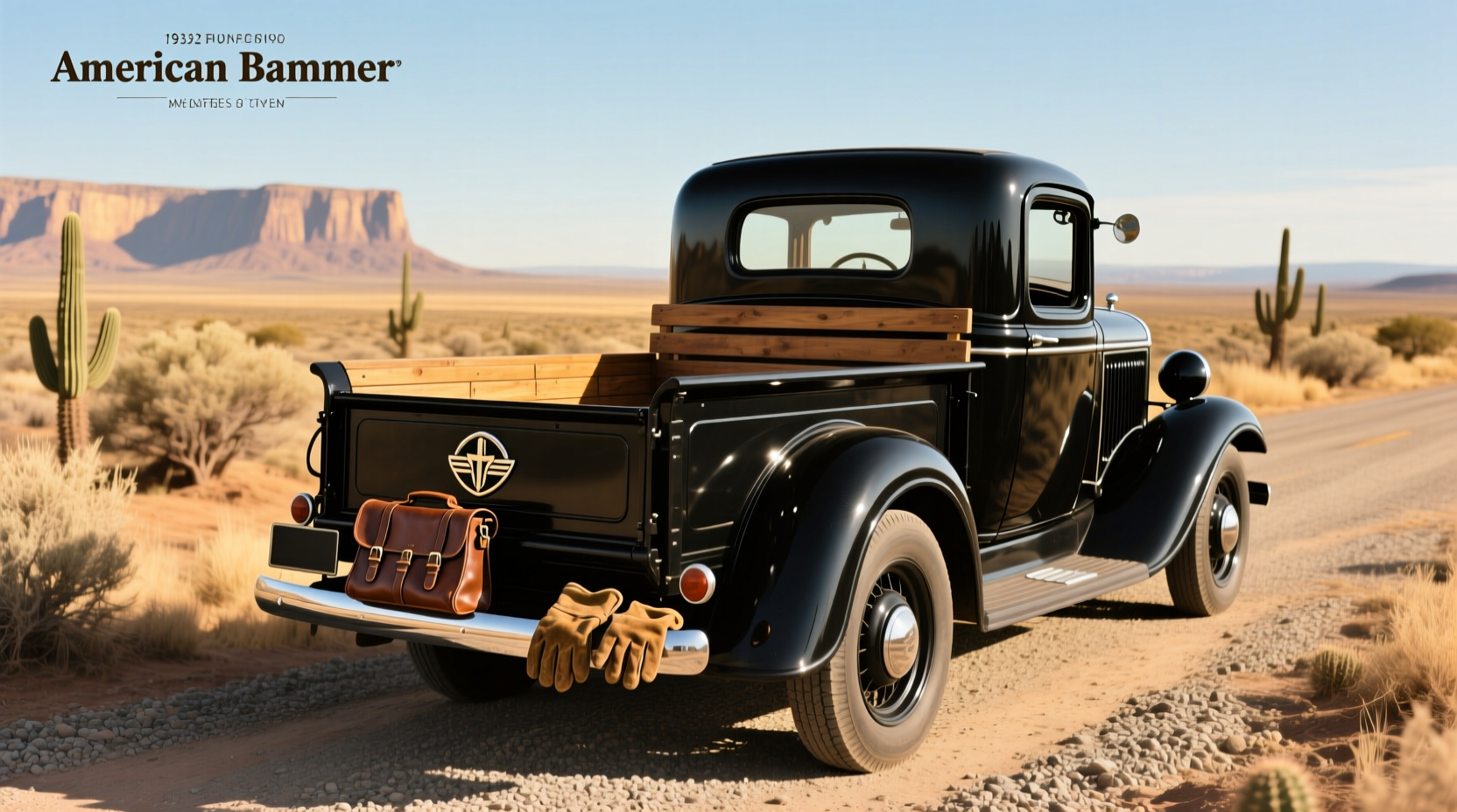 1932 Ford pickup truck with upright cab and wooden bed