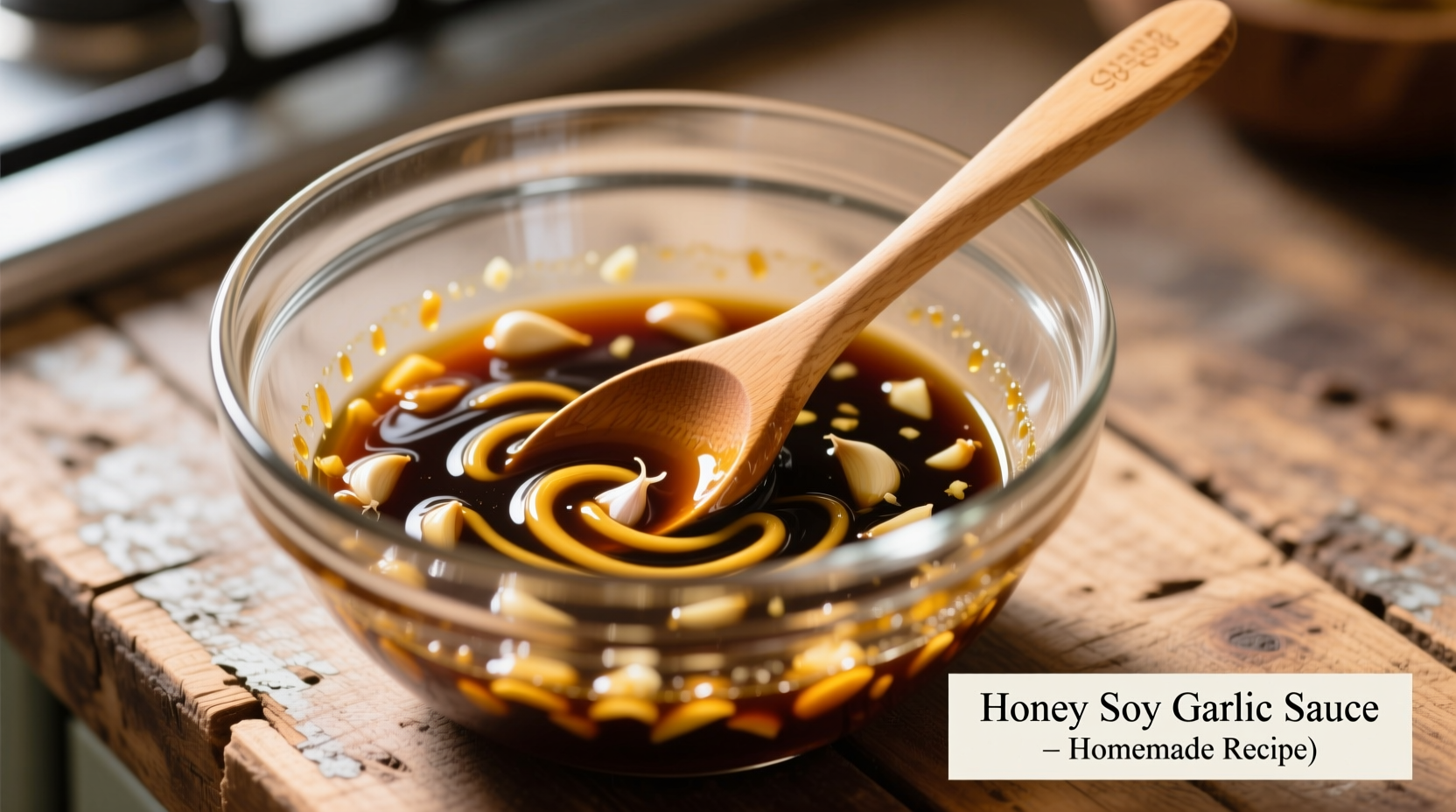 Homemade honey soy garlic sauce in glass bowl