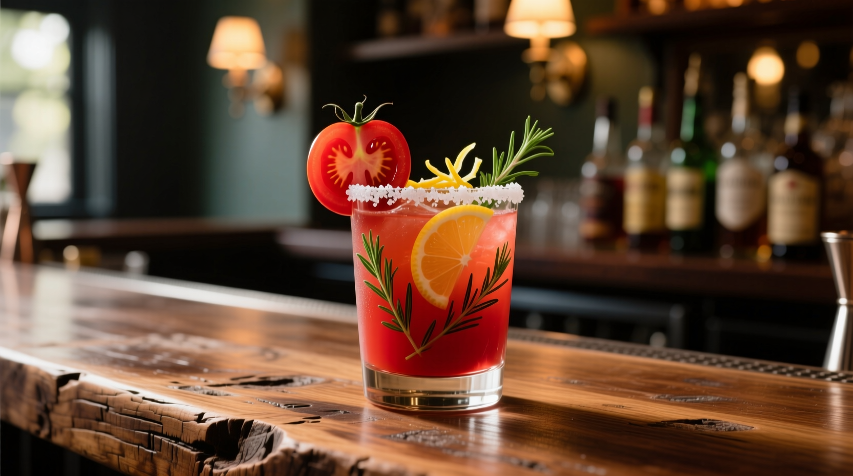 Craft cocktail with tomato garnish on wooden bar