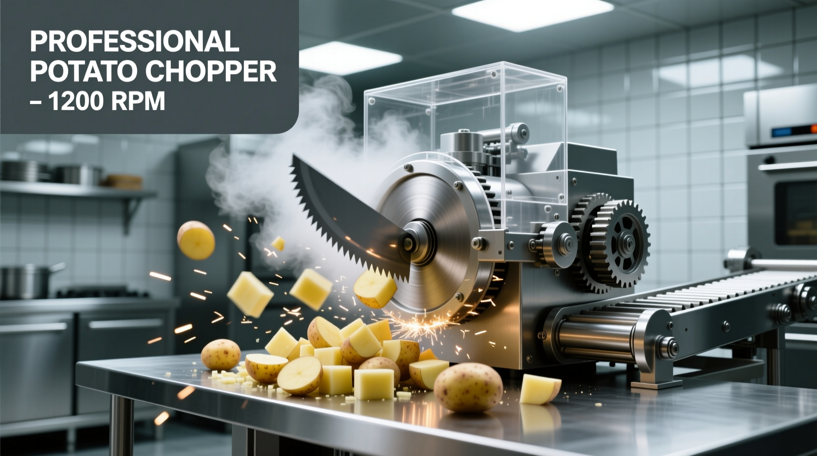 Professional potato chopping machine in action