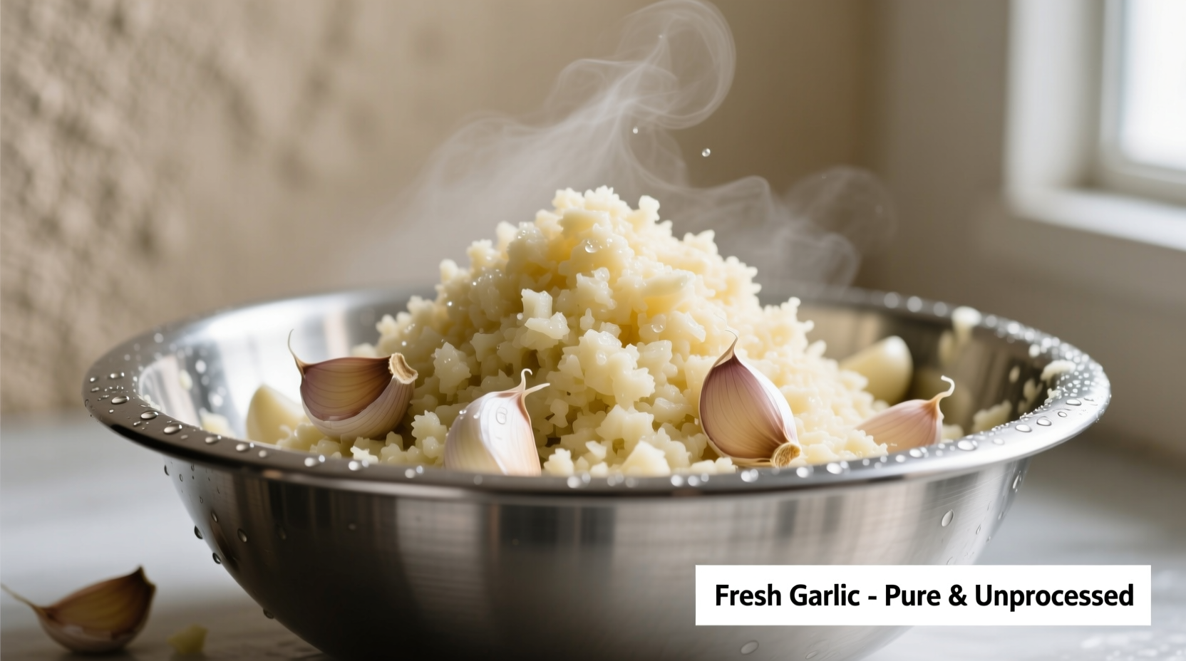 Fresh minced garlic in a bowl with cloves