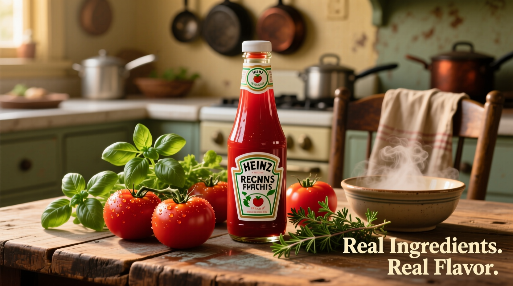 Heinz ketchup bottle with tomatoes and herbs