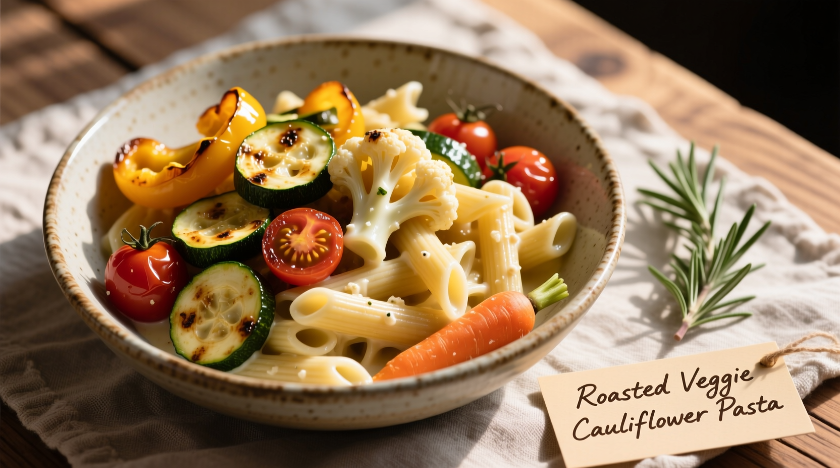 Cauliflower pasta with roasted vegetables