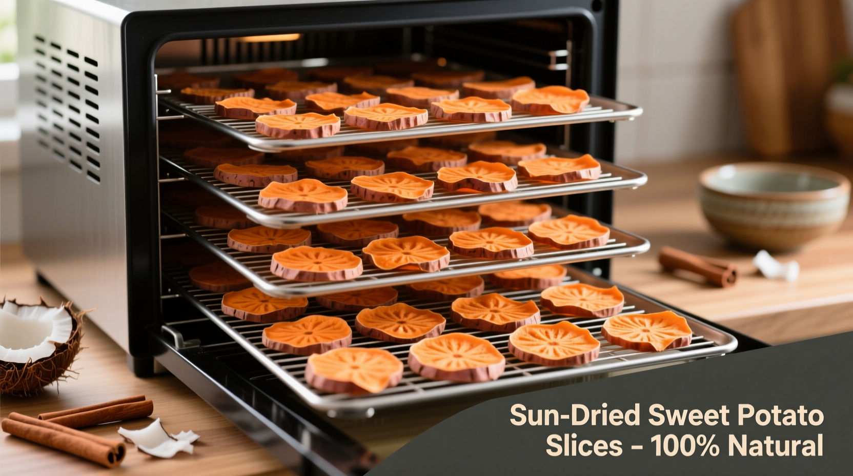 Sweet potato slices arranged on dehydrator trays
