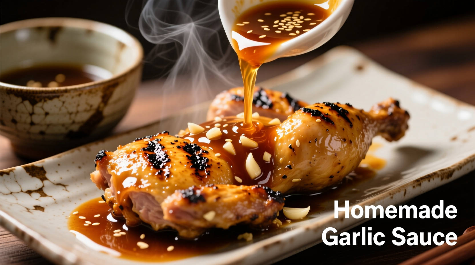 Homemade Asian garlic sauce being poured over grilled chicken