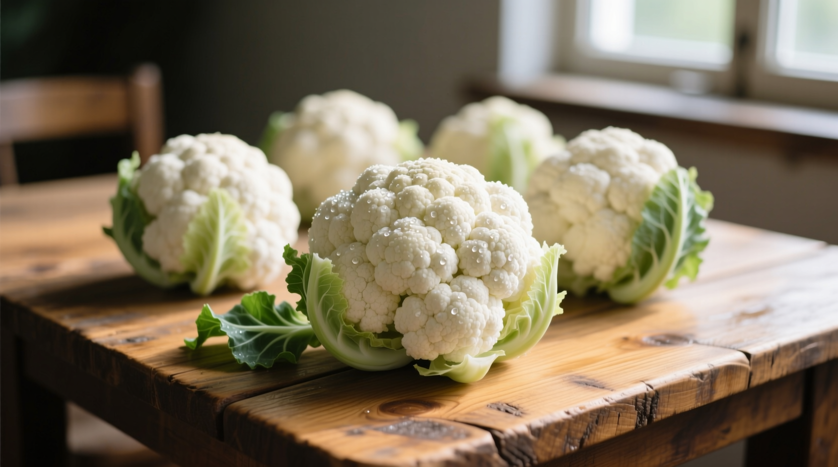 Fresh cauliflower heads on wooden table