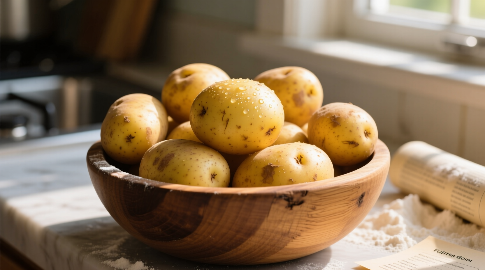 Yukon Gold potatoes in a wooden bowl