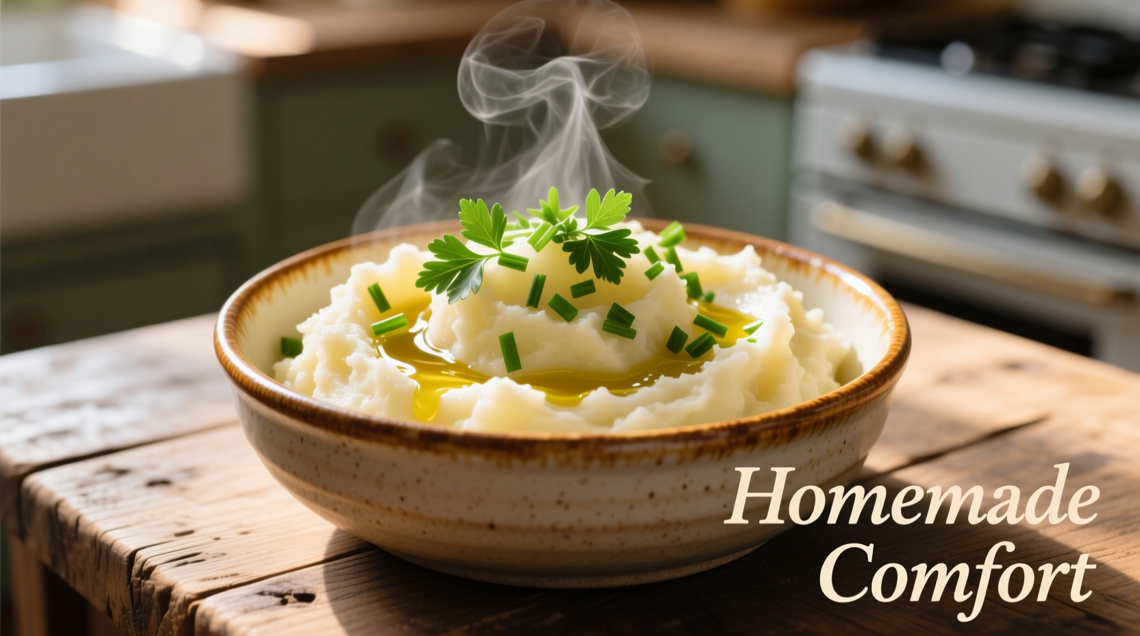 Mashed potatoes in a bowl with fresh herbs