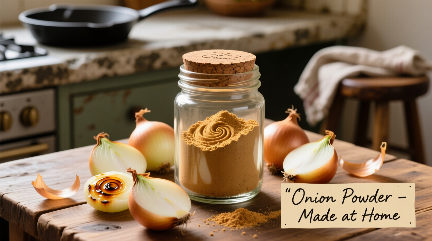 Homemade onion powder in glass jar with fresh onions