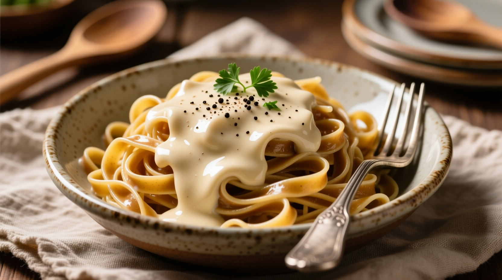 Creamy cauliflower alfredo sauce poured over fettuccine