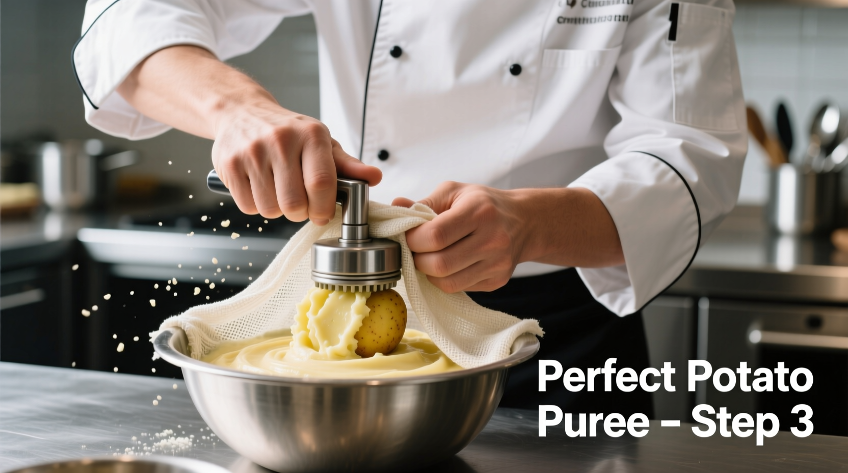 Chef demonstrating proper potato pressing technique with cheesecloth