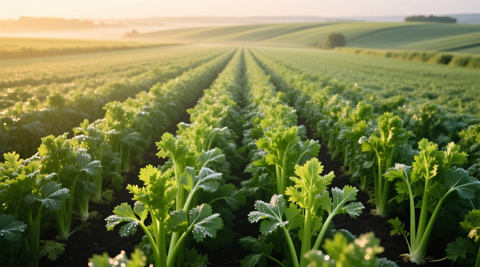 Celery plants growing in agricultural field with green stalks