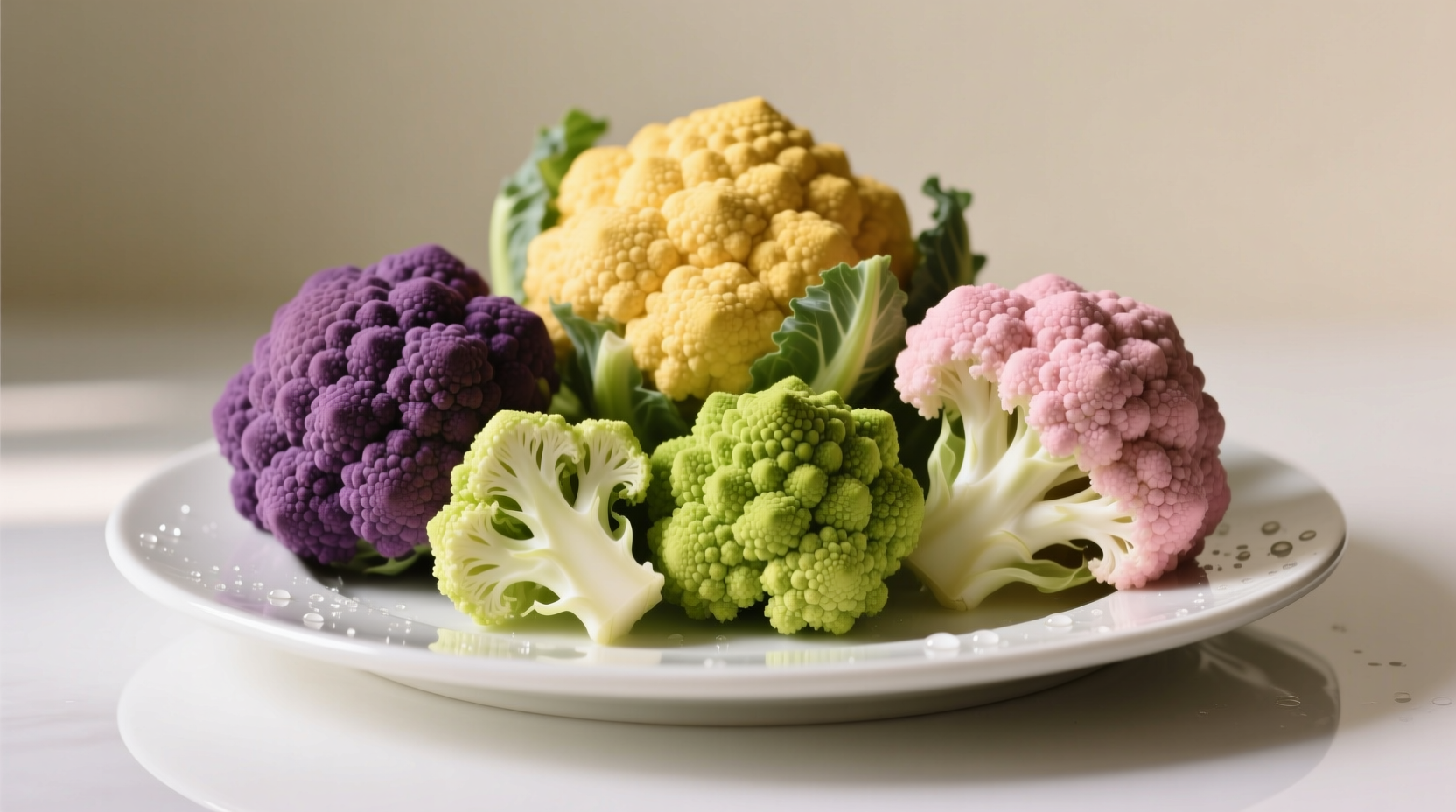Colored cauliflower varieties on white plate