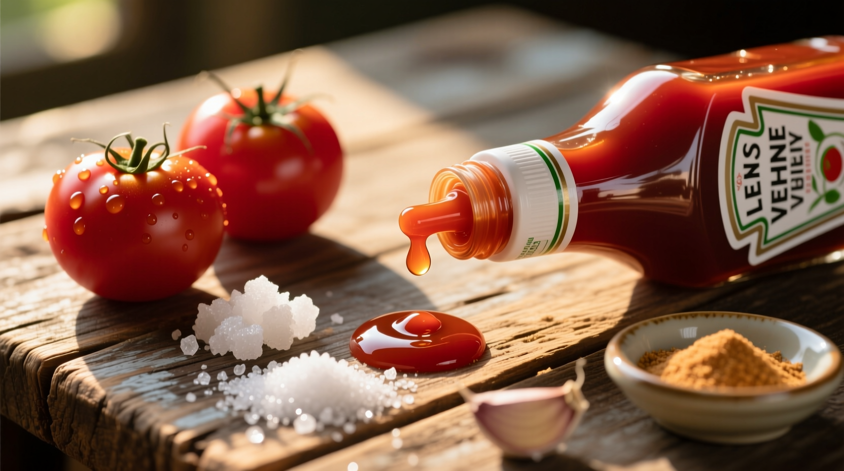 Close-up of tomato ketchup ingredients on wooden table