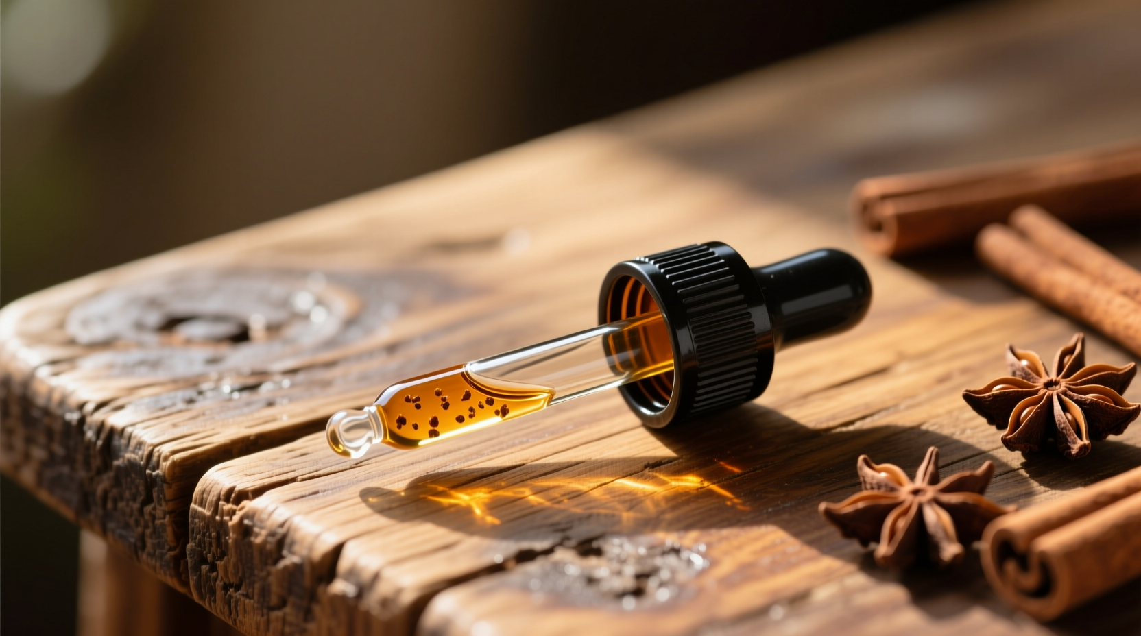 Clove oil dropper on wooden table