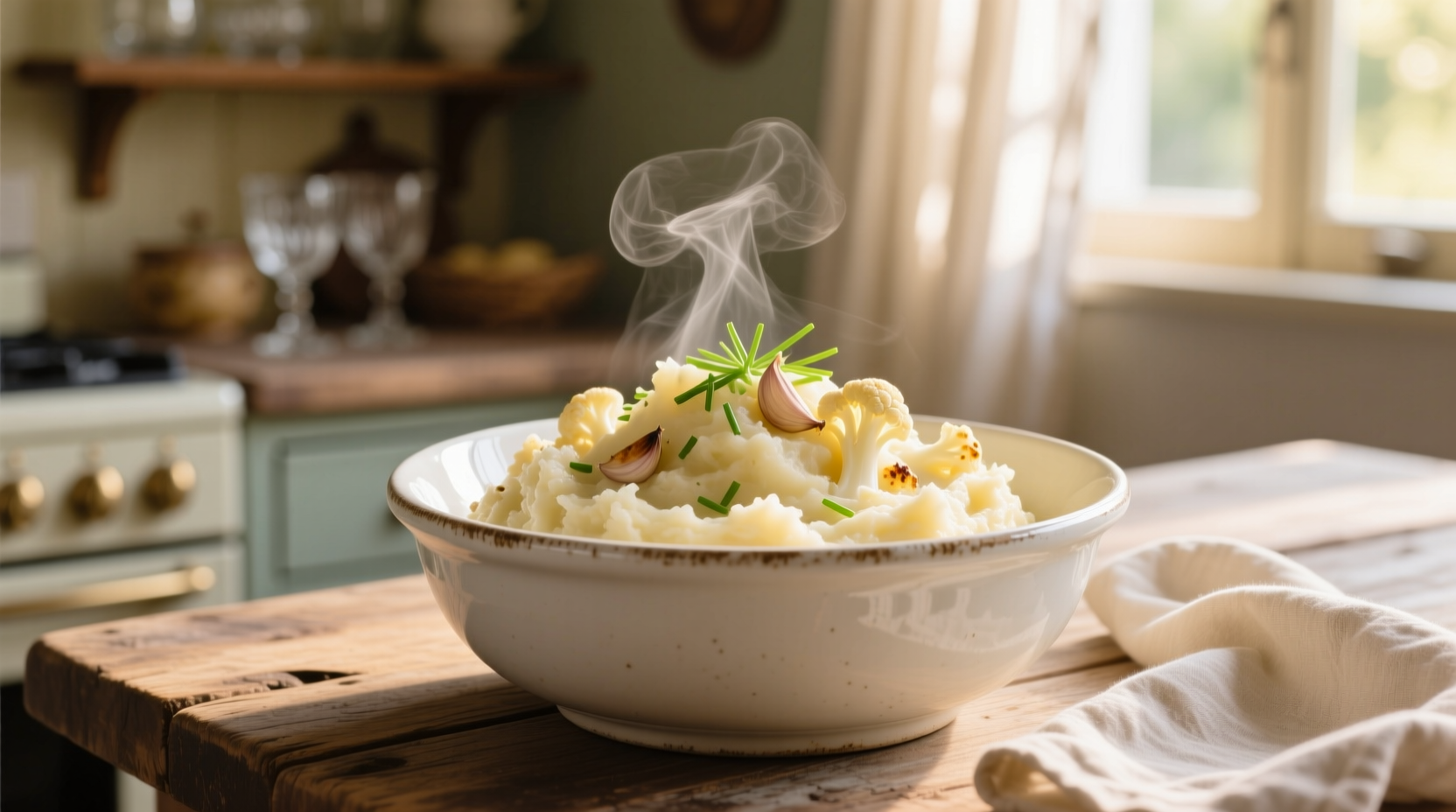 Creamy cauliflower potato mash in white bowl