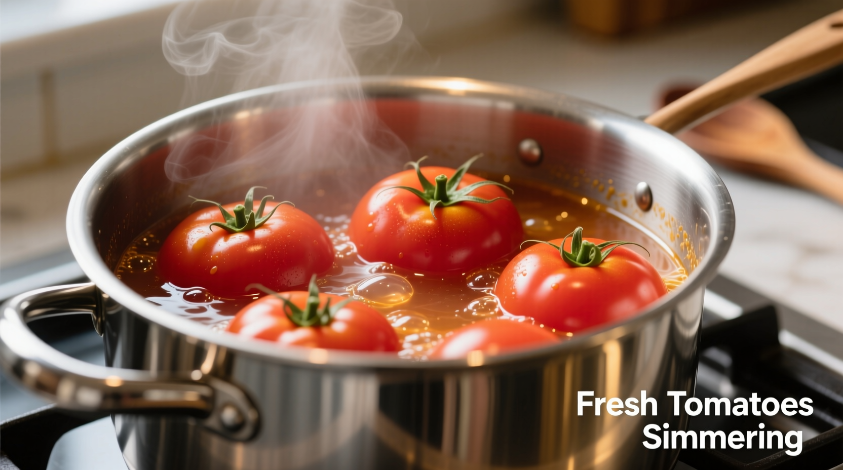Fresh tomatoes simmering in a stainless steel pot