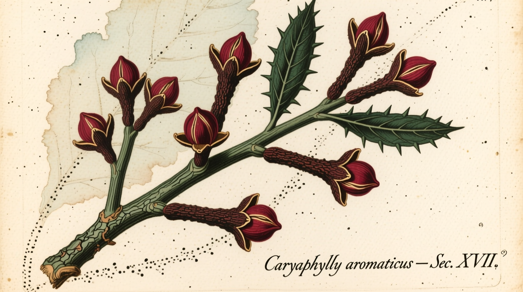 Historical illustration of clove branches with dried buds