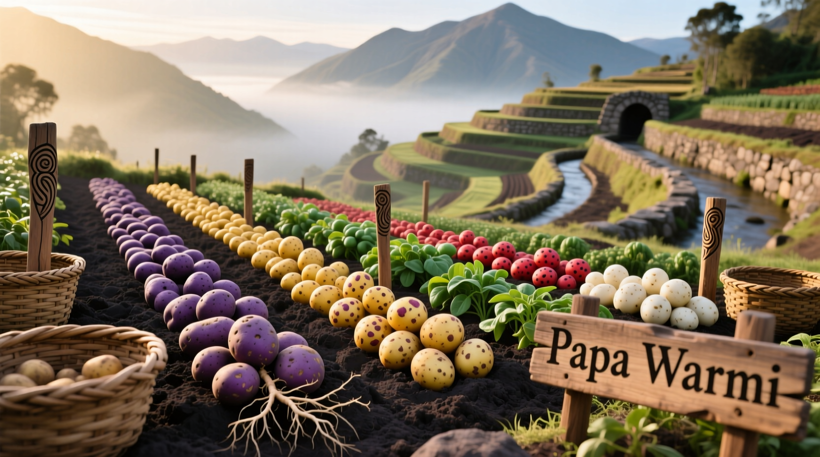 Traditional Andean potato varieties displayed in colorful rows