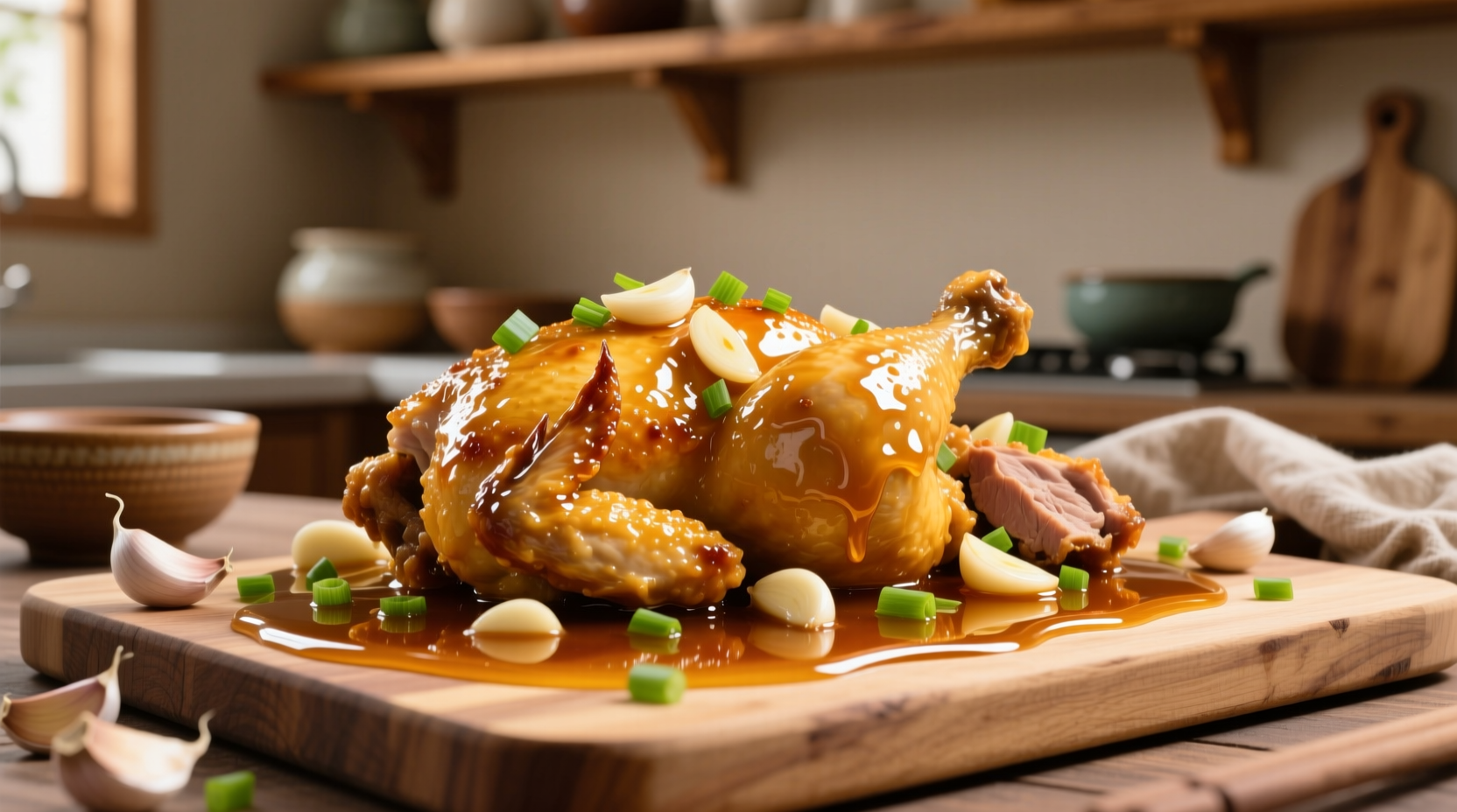 Golden garlic chicken honey with glossy sauce