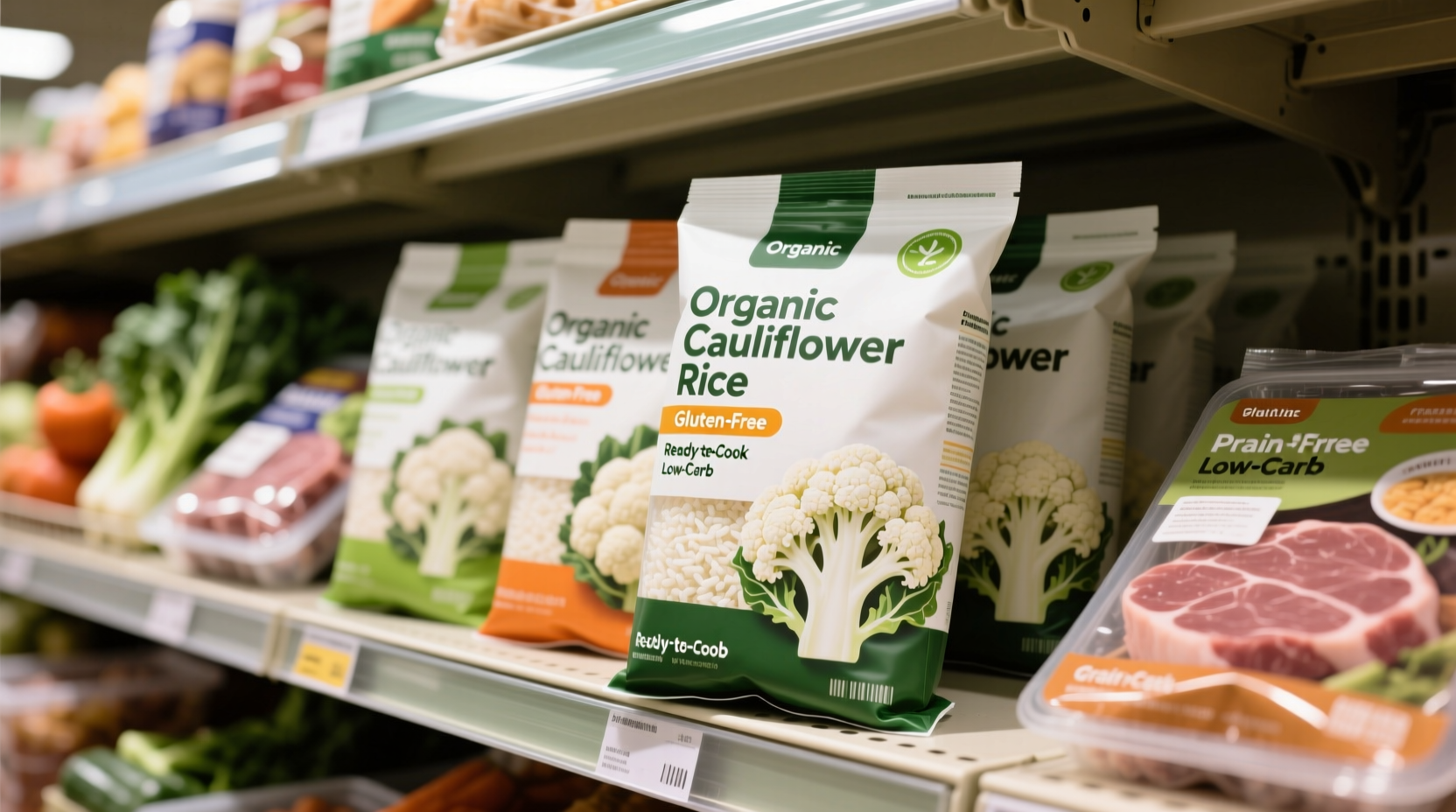 Cauliflower rice packages in grocery store