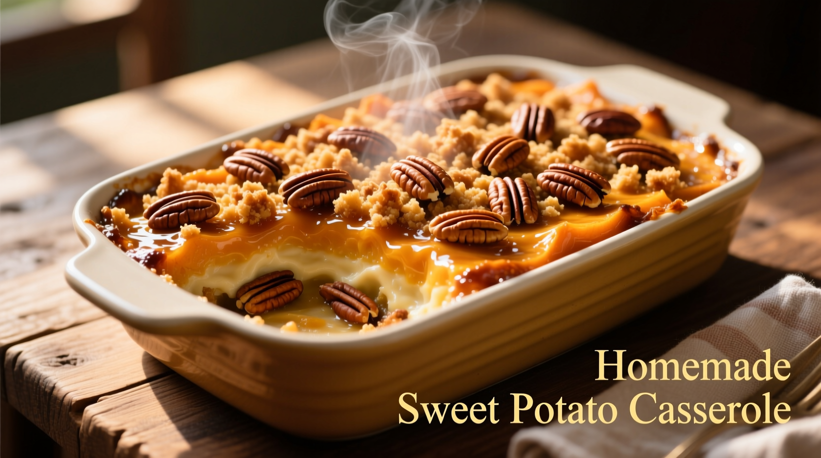 Golden sweet potato casserole with toasted pecan topping