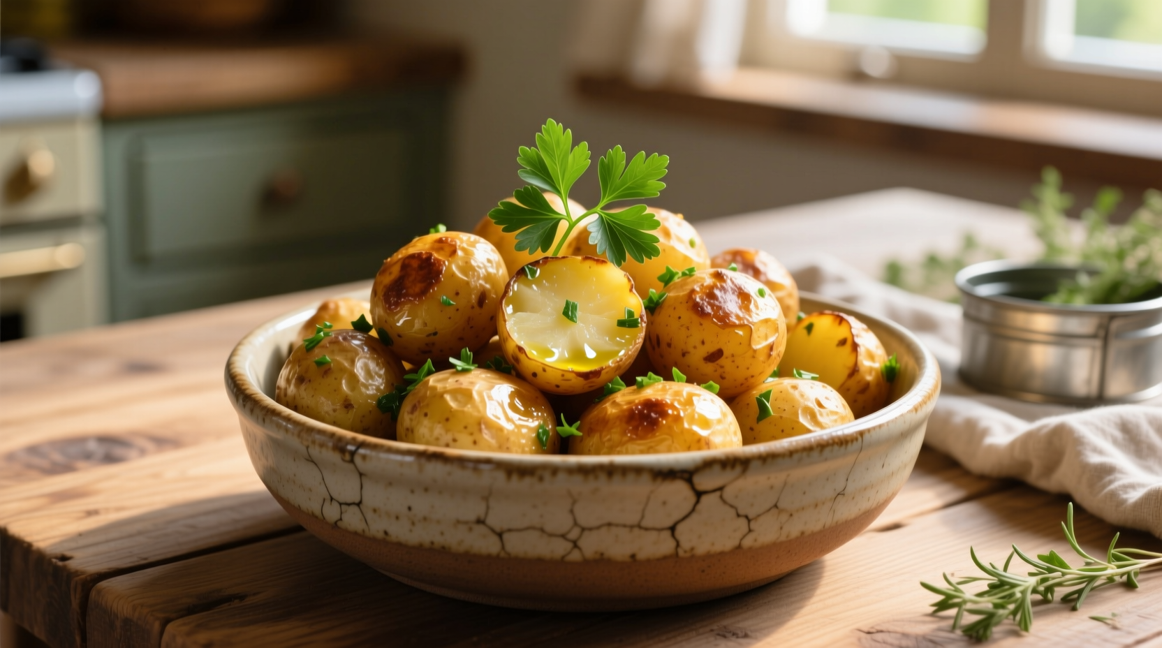 Golden roasted parsley potatoes in ceramic bowl