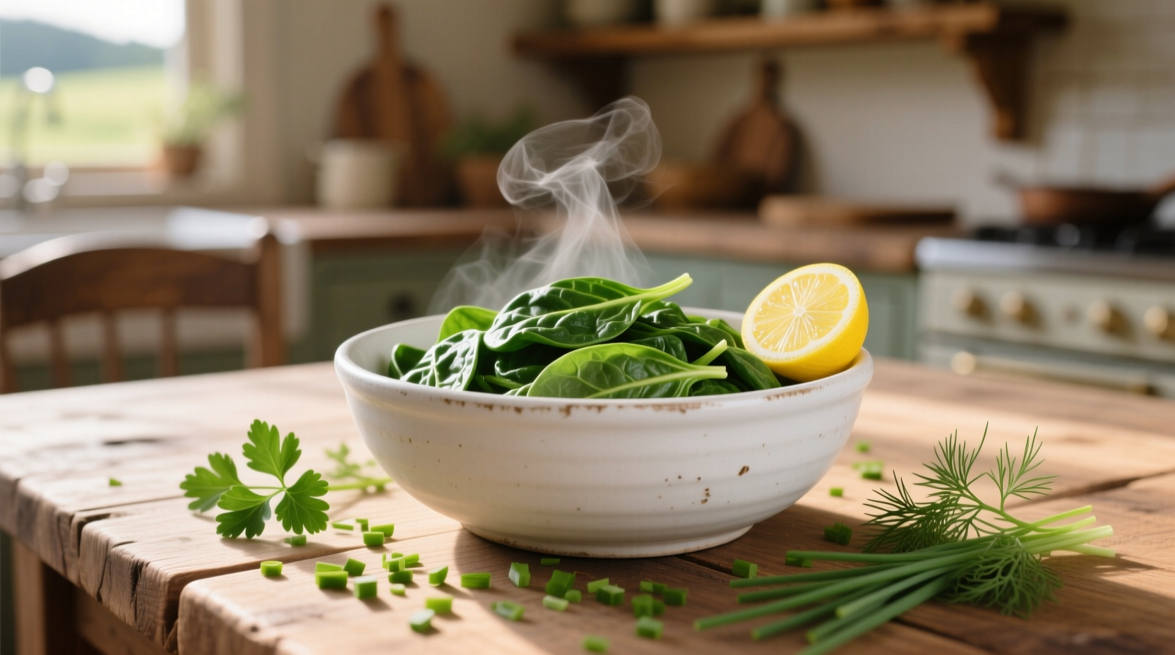 Creamy spinach in white ceramic bowl with fresh herbs