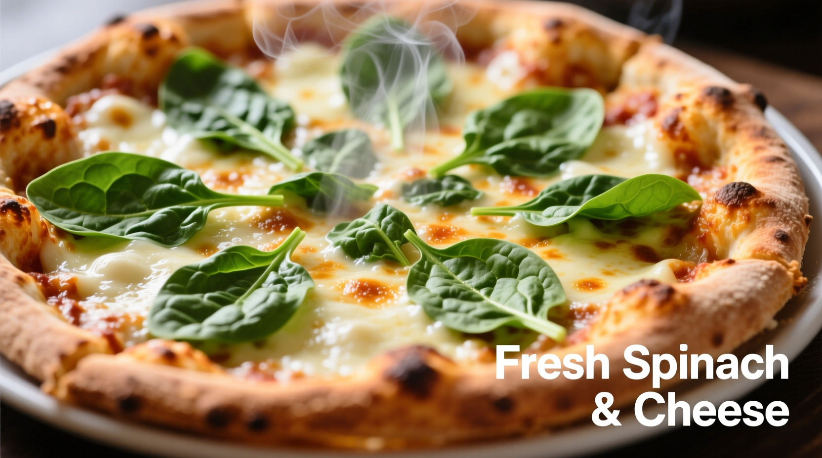 Fresh spinach pizza with visible cheese and greens