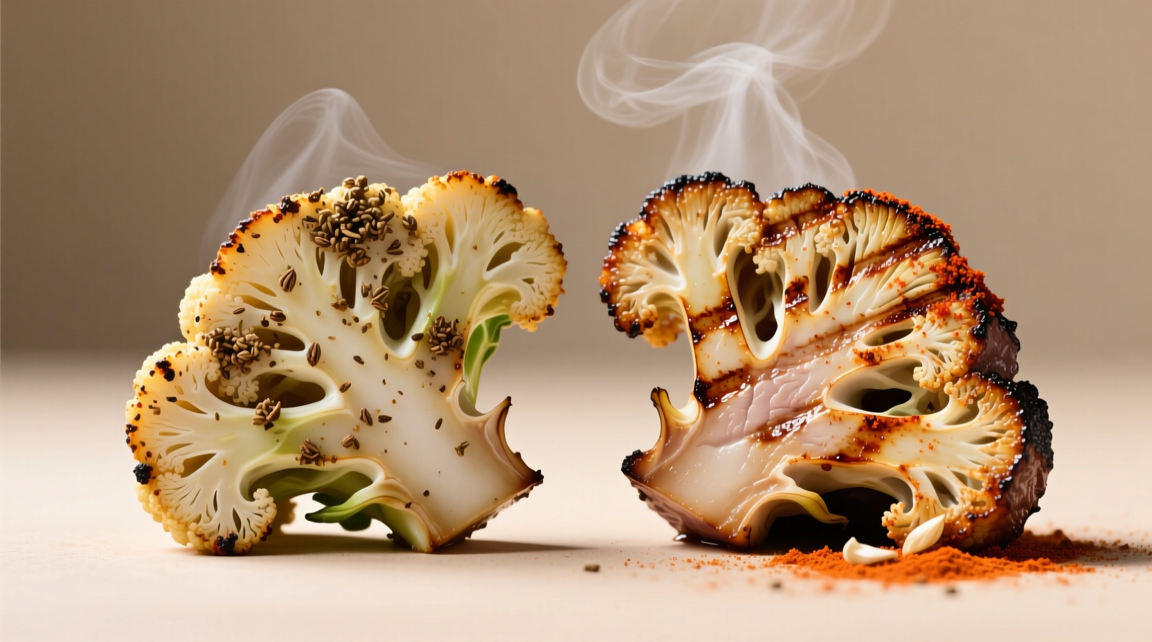 Side-by-side comparison: cauliflower steak with uneven spice clumps (left) vs perfectly coated slices using dry-toasted spices (right)
